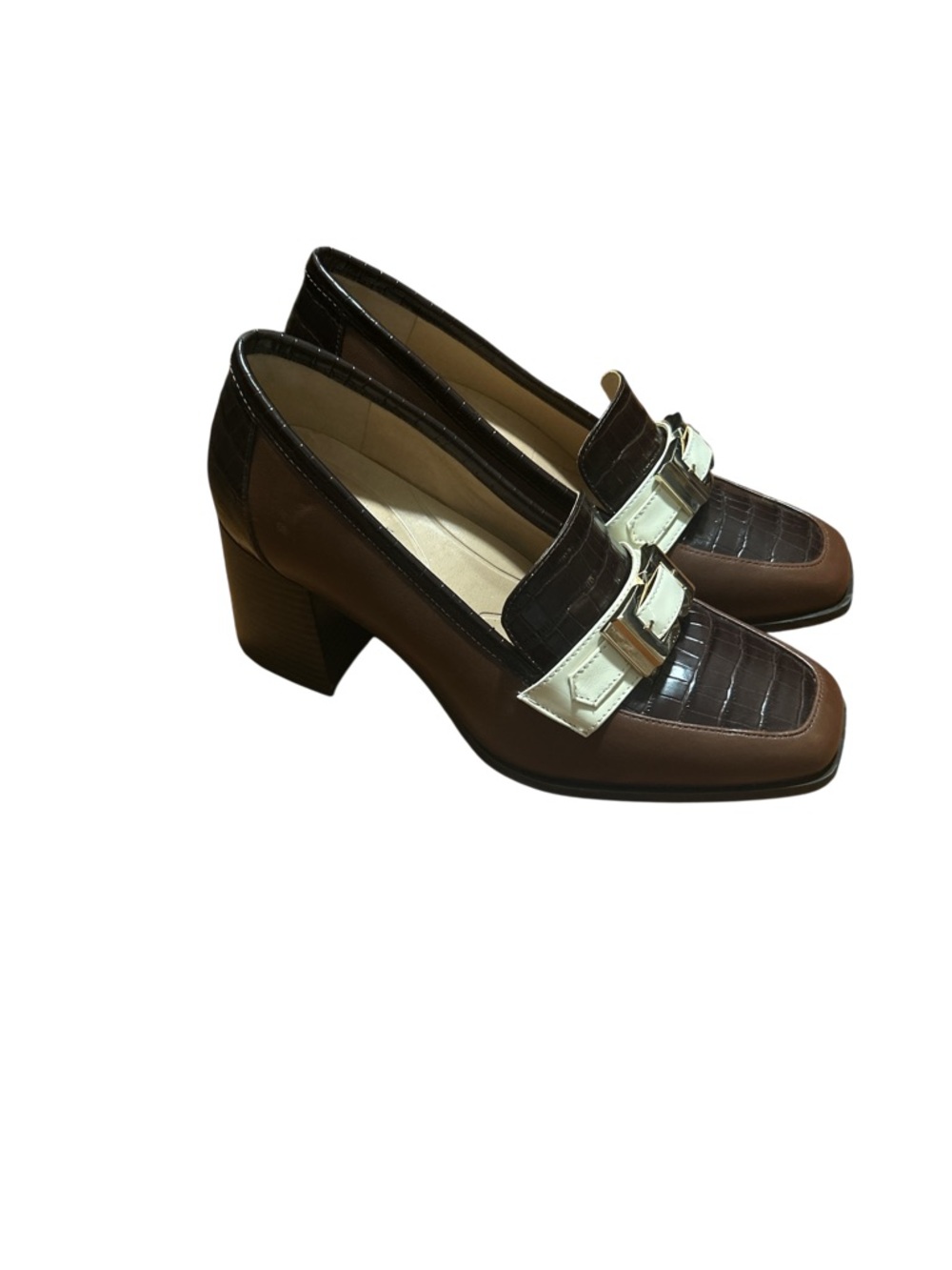 Alex Marie Felix Loafers Sz 10 Brown Croc Embossed Chunky Heel Gold Buckle